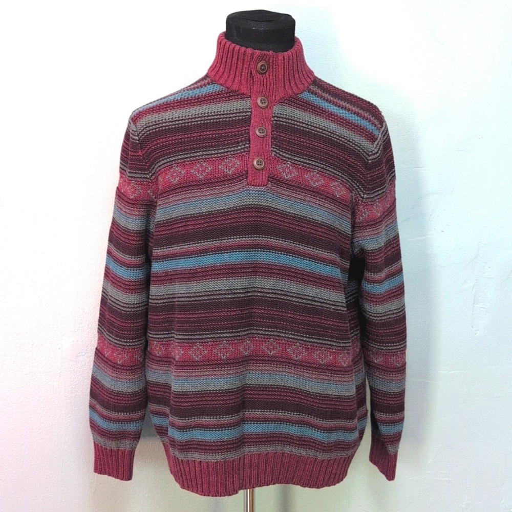 G.H. Bass cotton thick knit, half button, mock neck pull on sweater. XL.